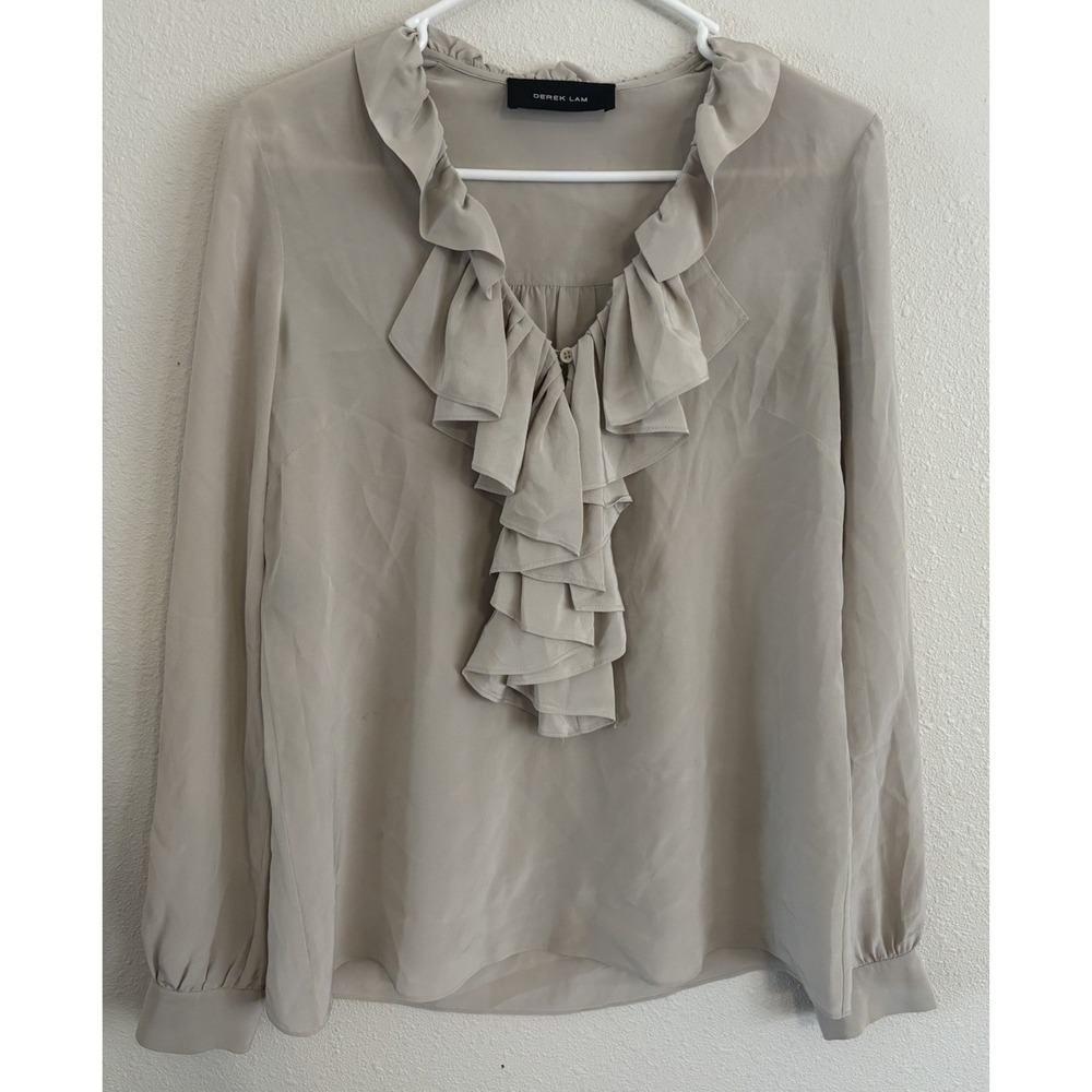 Derek Lam 100% Silk Ruffle Blouse Womens 4 Beige Taupe Made in Italy